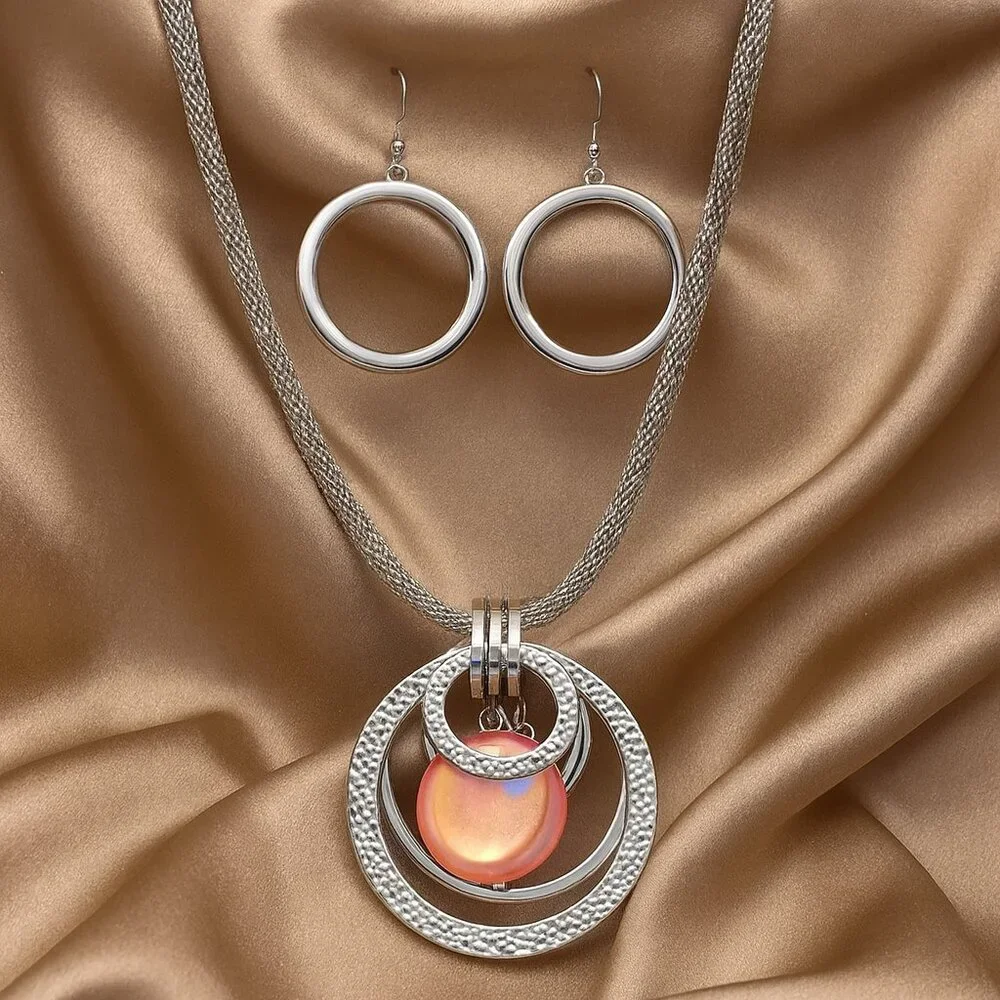 Silver Multi-Hoop & Disc Pendant Necklace  & Earrings - Women’s Fashion Jewelry